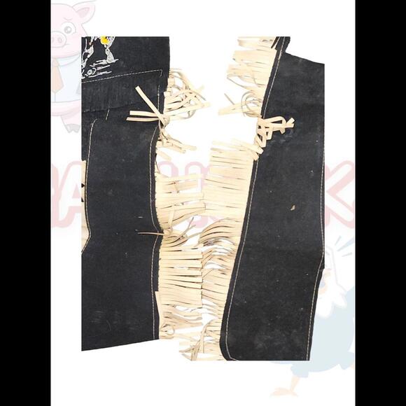 Vintage Western Fringe Chaps Black Suede White Leather Kids - Picture 6 of 9